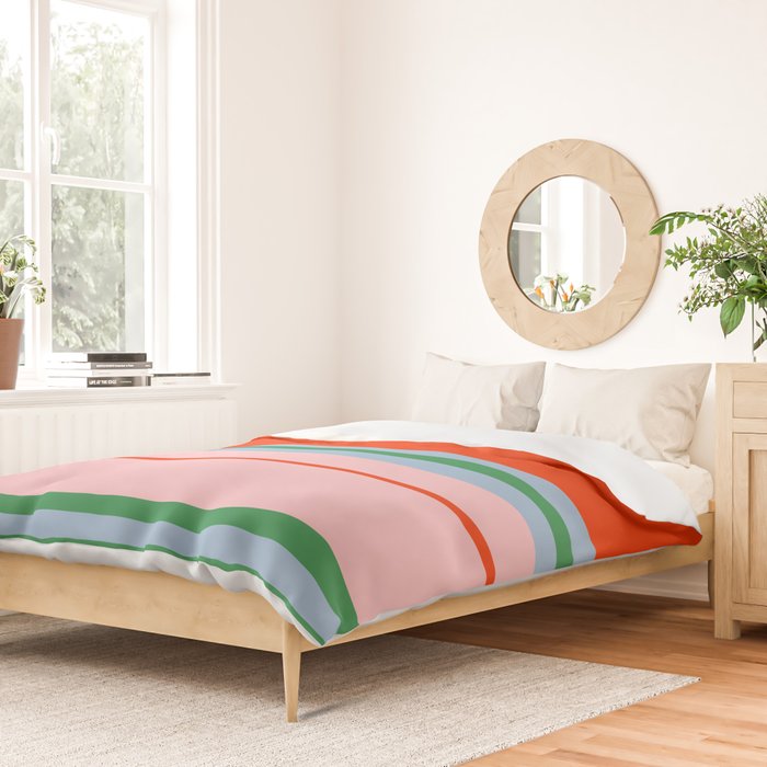Wide and Thin Stripes Minimal Color Block Pattern in Bold Red Orange, Light Pink, Light Blue, and Green Duvet Cover Gallery Image 2