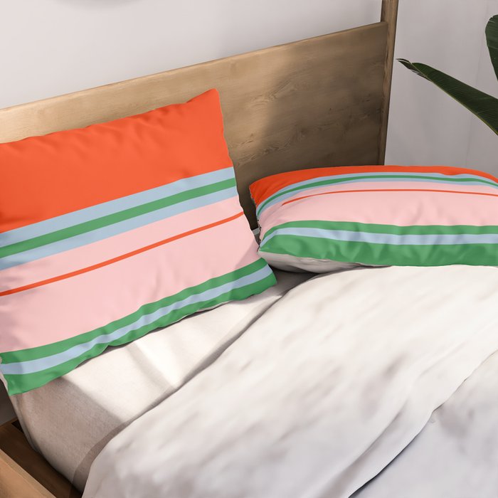 Wide and Thin Stripes Minimal Color Block Pattern in Bold Red Orange, Light Pink, Light Blue, and Green Pillow Sham Gallery Image 2