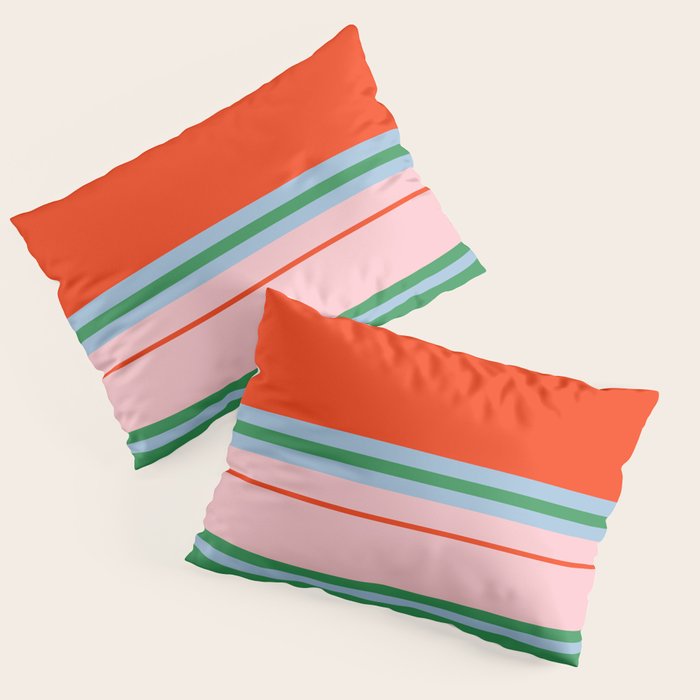 Wide and Thin Stripes Minimal Color Block Pattern in Bold Red Orange, Light Pink, Light Blue, and Green Pillow Sham Gallery Image 3