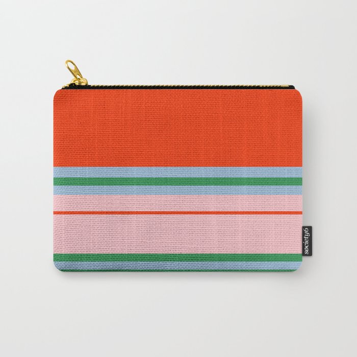 Wide and Thin Stripes Minimal Color Block Pattern in Bold Red Orange, Light Pink, Light Blue, and Green Carry All Pouch Gallery Image 1