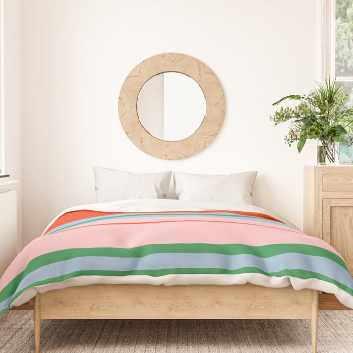 Wide and Thin Stripes Minimal Color Block Pattern in Bold Red Orange, Light Pink, Light Blue, and Green Duvet Cover Gallery Image 3
