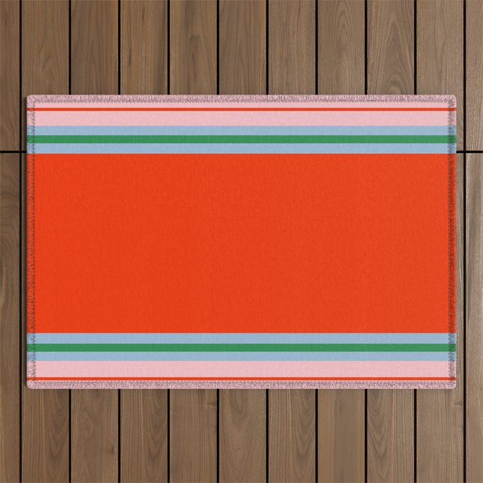 Wide and Thin Stripes Minimal Color Block Pattern in Bold Red Orange, Light Pink, Light Blue, and Green Outdoor Rug Gallery Image 1