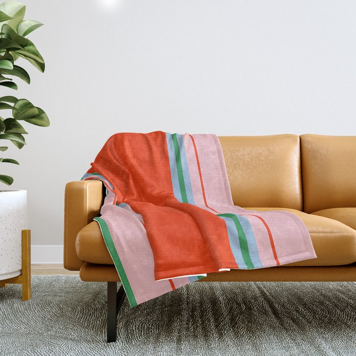 Wide and Thin Stripes Minimal Color Block Pattern in Bold Red Orange, Light Pink, Light Blue, and Green Throw Blanket Gallery Image 1