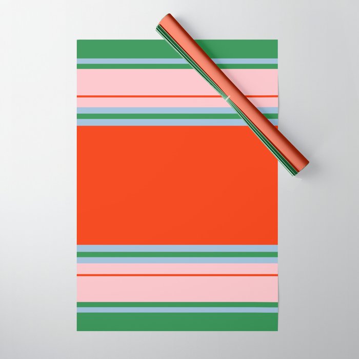 Wide and Thin Stripes Minimal Color Block Pattern in Bold Red Orange, Light Pink, Light Blue, and Green Wrapping Paper Gallery Image 1