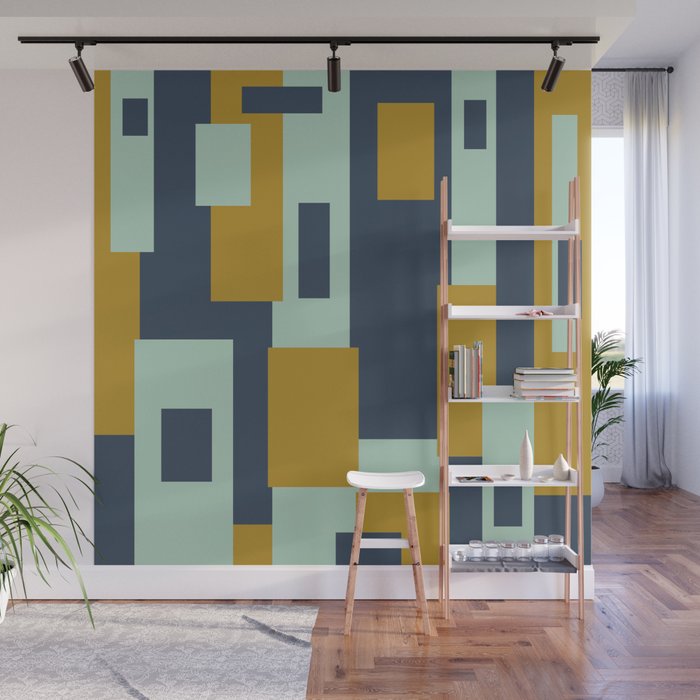 Cosmopolitan Mid Century Modern Geometric Pattern Mint Mustard Blue Wall Mural Gallery Image 1