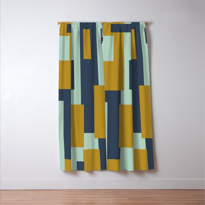 Cosmopolitan Mid Century Modern Geometric Pattern Mint Mustard Blue Window Curtain Gallery Image 3