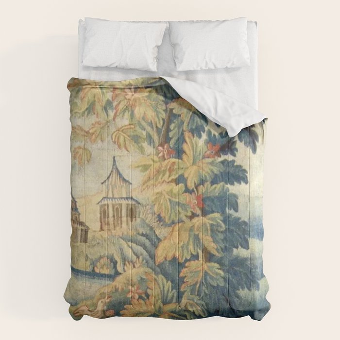 Antique 18th Century French Aubusson Chinoiserie Pagoda Tapestry Comforter Gallery Image 6