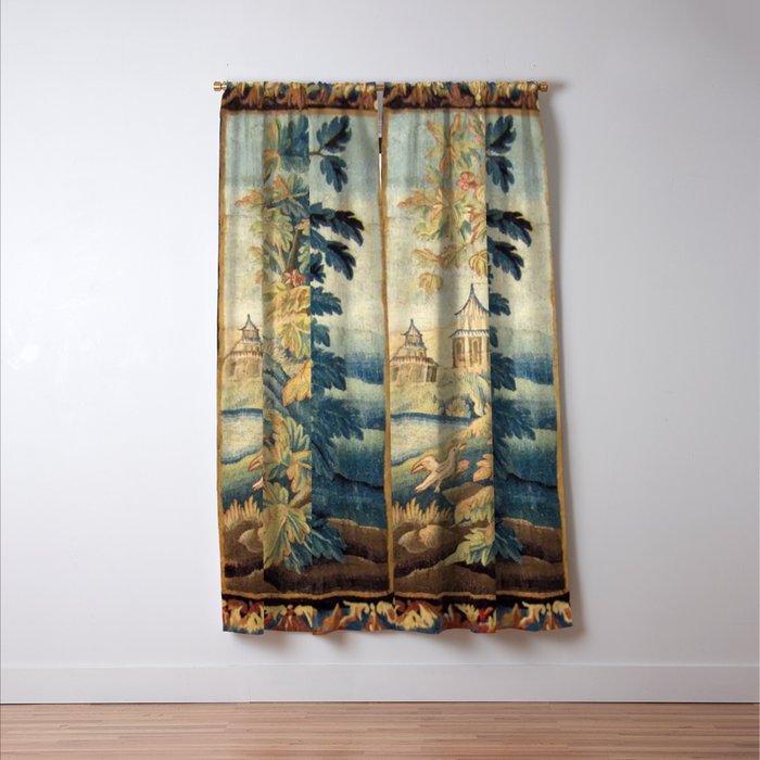 Antique 18th Century French Aubusson Chinoiserie Pagoda Tapestry Window Curtain Gallery Image 3