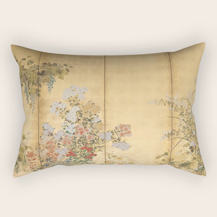 Japanese Edo Period Six-Panel Gold Leaf Screen - Spring and Autumn Flowers Rectangular Pillow Gallery Image 2