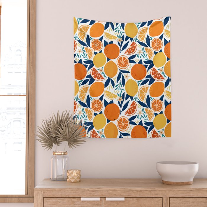 Citrus Fruits - Blue and Orange Wall Tapestry Gallery Image 2