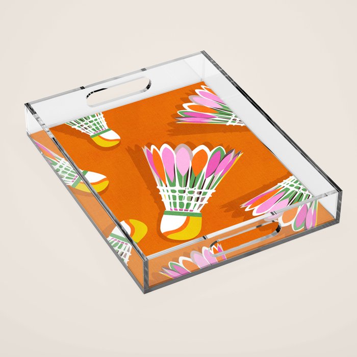 Badminton Birdie Pop Art court sport pattern on bright orange Acrylic Tray Gallery Image 1