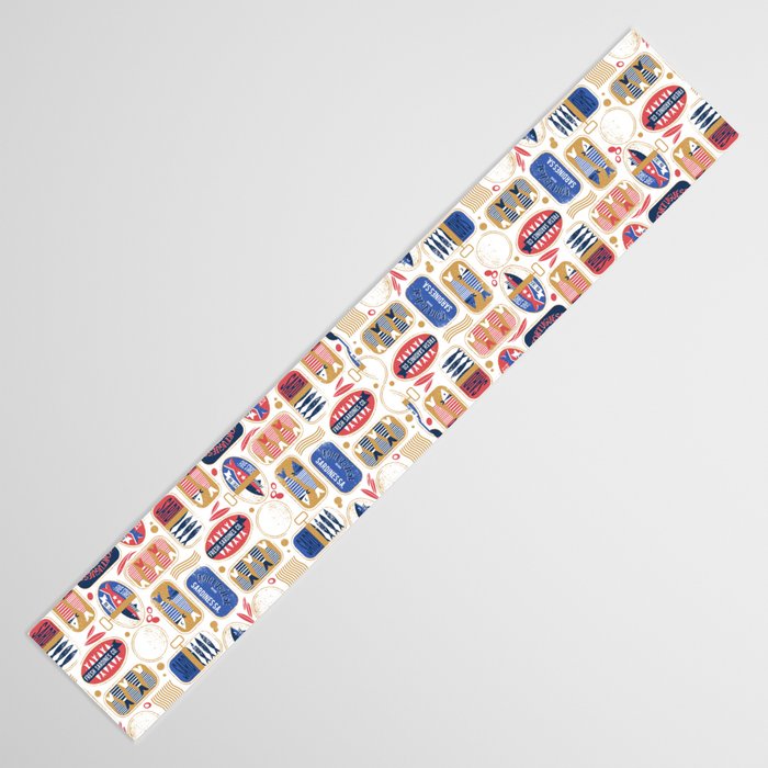 Vintage canned sardines // white background peacock teal and mandy red cans  Table Runner Gallery Image 3