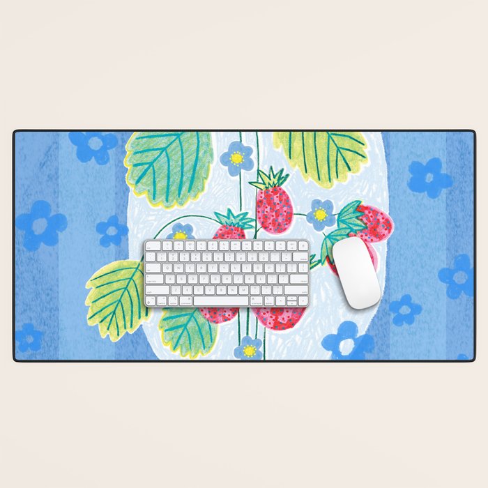 Sweet Strawberry Plant Friends in Sky Blue & Pink Desk Mat Gallery Image 1