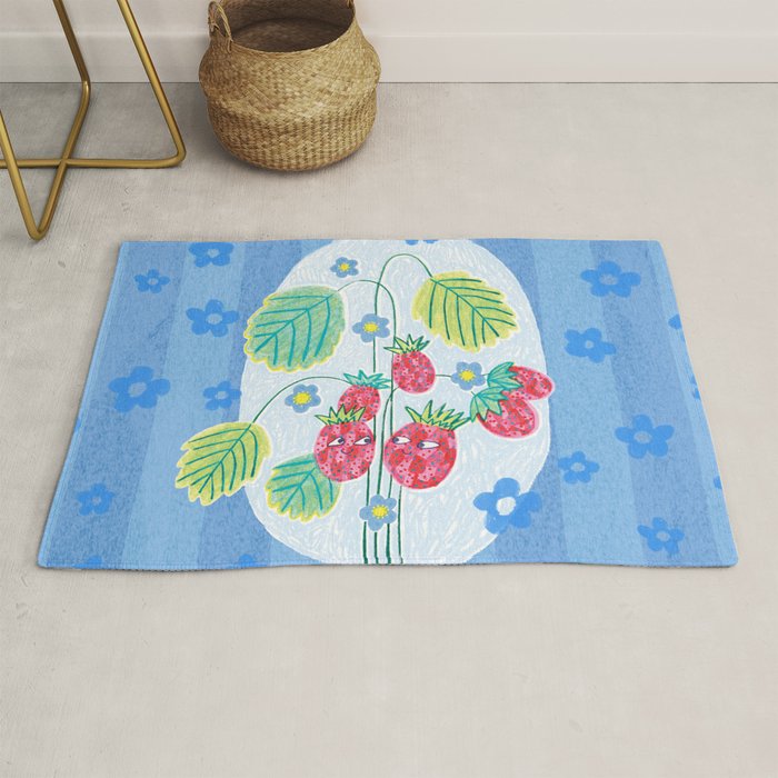 Sweet Strawberry Plant Friends in Sky Blue & Pink Rug Gallery Image 1