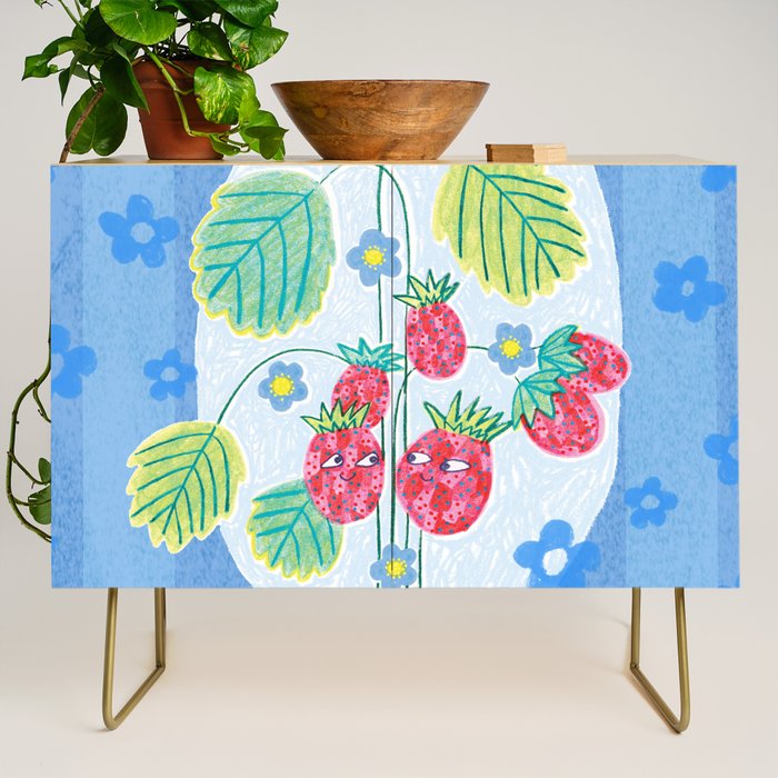 Sweet Strawberry Plant Friends in Sky Blue & Pink Credenza Gallery Image 1
