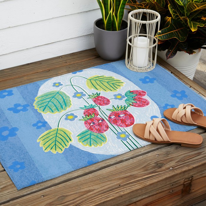 Sweet Strawberry Plant Friends in Sky Blue & Pink Outdoor Rug Gallery Image 2