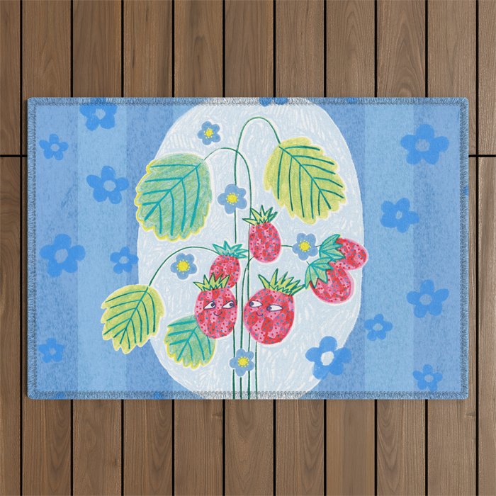 Sweet Strawberry Plant Friends in Sky Blue & Pink Outdoor Rug Gallery Image 1