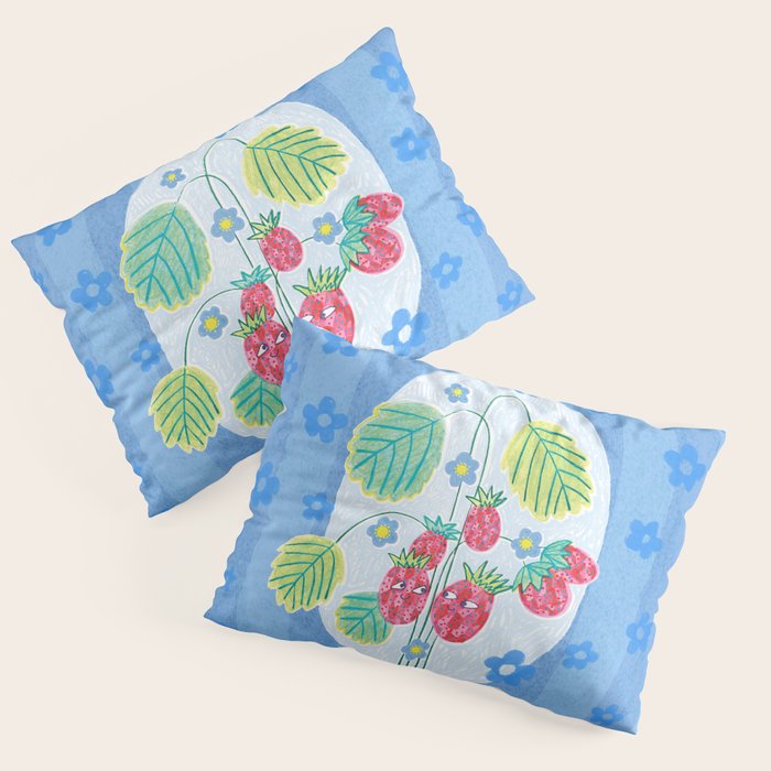 Sweet Strawberry Plant Friends in Sky Blue & Pink Pillow Sham Gallery Image 1