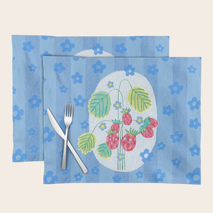 Sweet Strawberry Plant Friends in Sky Blue & Pink Placemat Gallery Image 1