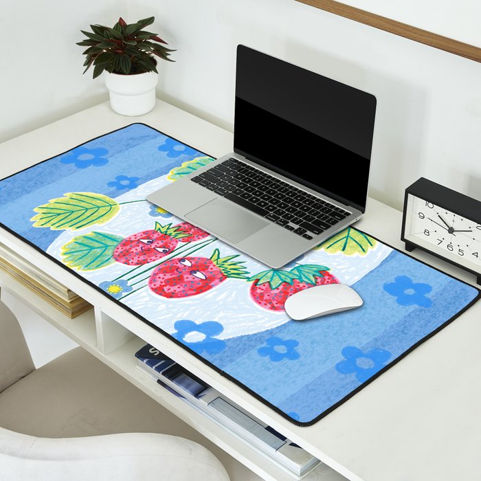 Sweet Strawberry Plant Friends in Sky Blue & Pink Desk Mat Gallery Image 2