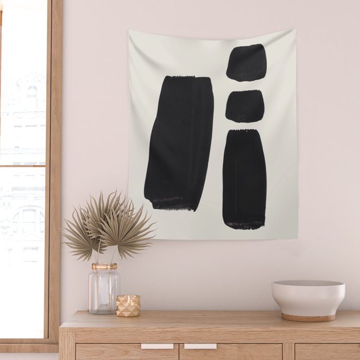 Mid Century Modern Minimalist Abstract Art Brush Strokes Black & White Ink Art Square Shapes Wall Tapestry Gallery Image 2