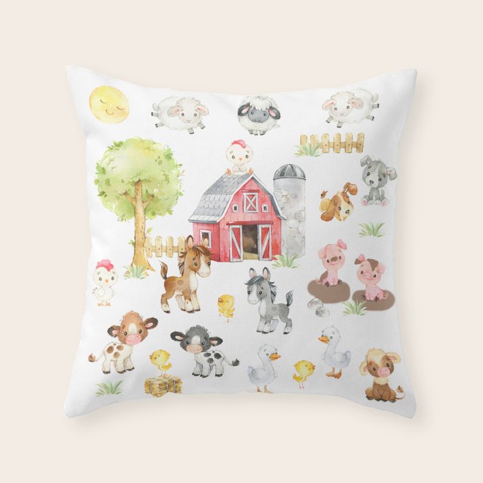 Watercolor Farm Animals Throw Pillow Gallery Image 6