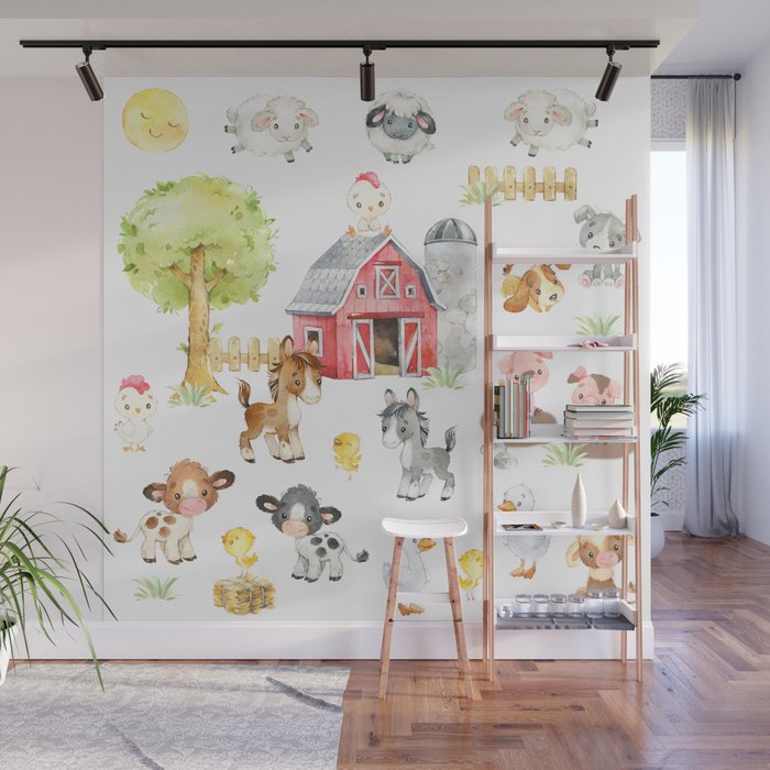 Watercolor Farm Animals Wall Mural