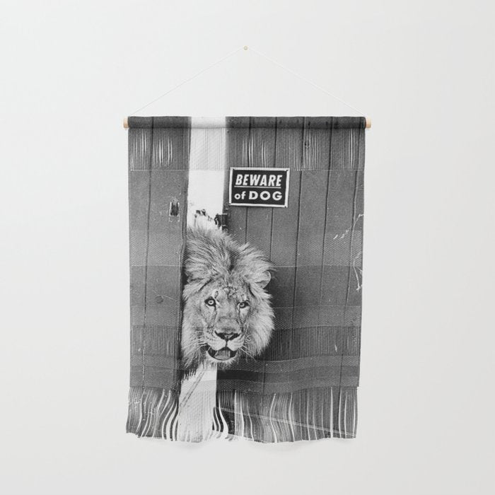 Beware of Dog black and white photograph of attack lion humorous black and white photography Wall Hanging Gallery Image 1