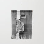 Beware of Dog black and white photograph of attack lion humorous black and white photography Wall Hanging Gallery Image 1
