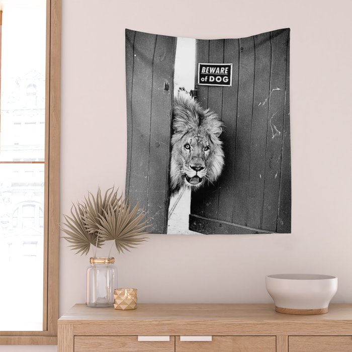 Beware of Dog black and white photograph of attack lion humorous black and white photography Wall Tapestry Gallery Image 2