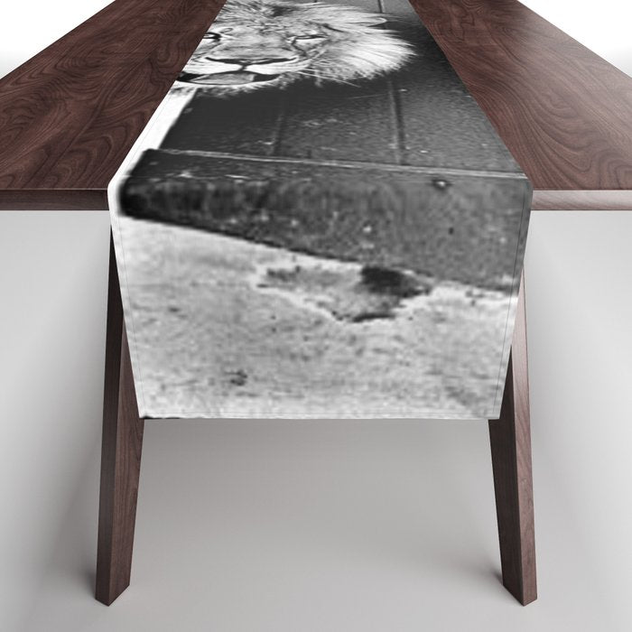 Beware of Dog black and white photograph of attack lion humorous black and white photography Table Runner Gallery Image 1