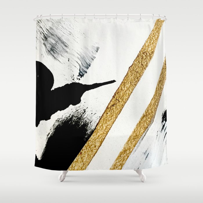 Armor [8]: a minimal abstract piece in black white and gold by Alyssa Hamilton Art Shower Curtain Gallery Image 1