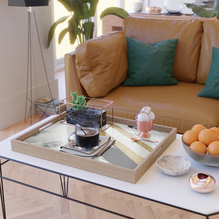 Armor [8]: a minimal abstract piece in black white and gold by Alyssa Hamilton Art Serving Tray Gallery Image 2