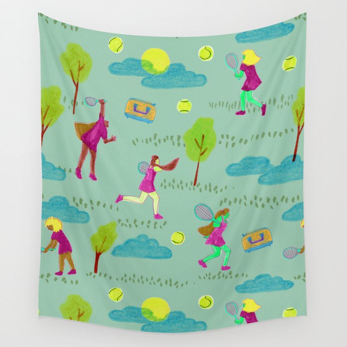 Let's Play Tennis in Soft Green Wall Tapestry Gallery Image 1