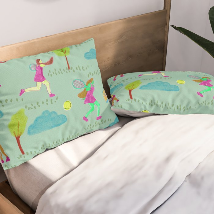 Let's Play Tennis in Soft Green Pillow Sham Gallery Image 2