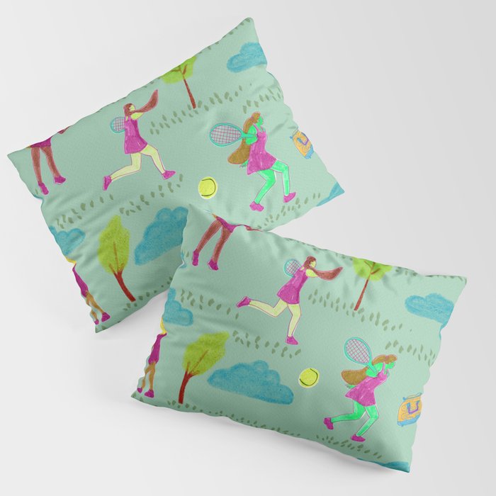 Let's Play Tennis in Soft Green Pillow Sham Gallery Image 3