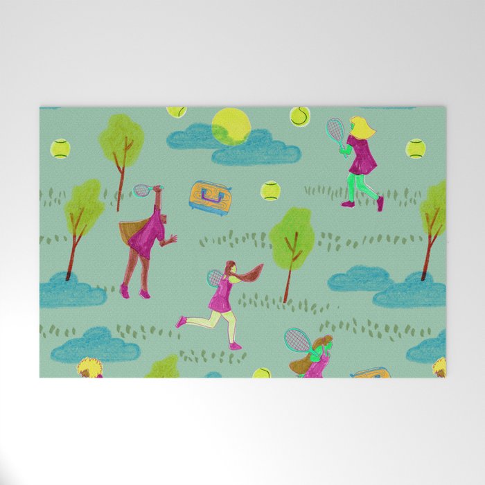 Let's Play Tennis in Soft Green Welcome Mat Gallery Image 1
