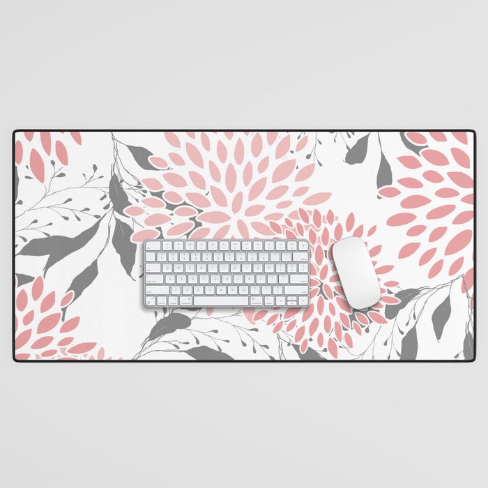 Festive, Floral Prints, Leaves and Blooms, Pink, Gray and White Desk Mat Gallery Image 1