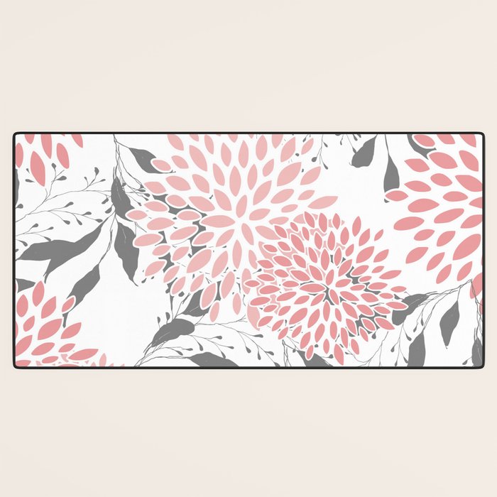 Festive, Floral Prints, Leaves and Blooms, Pink, Gray and White Desk Mat Gallery Image 3
