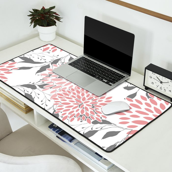 Festive, Floral Prints, Leaves and Blooms, Pink, Gray and White Desk Mat Gallery Image 2