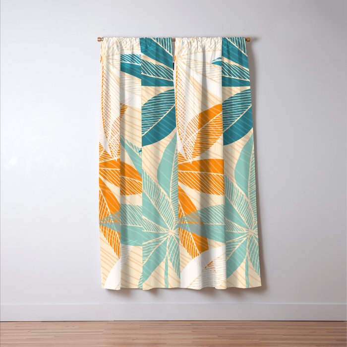 Orange and Teal Tropical Floral Print Window Curtain Gallery Image 3