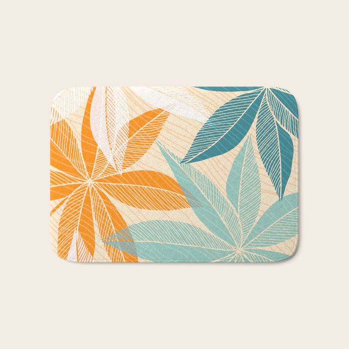Orange and Teal Tropical Floral Print Bath Mat Gallery Image 1