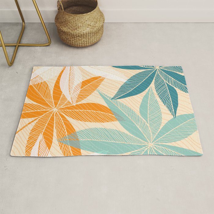 Orange and Teal Tropical Floral Print Rug Gallery Image 1