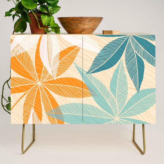 Orange and Teal Tropical Floral Print Credenza Gallery Image 1