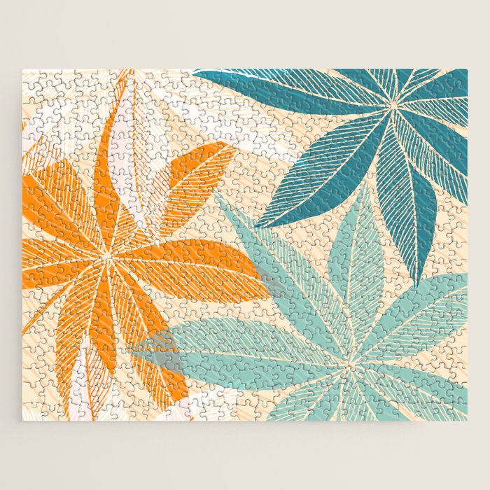 Orange and Teal Tropical Floral Print Jigsaw Puzzle Gallery Image 1