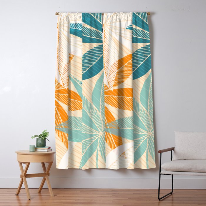 Orange and Teal Tropical Floral Print Window Curtain Gallery Image 5