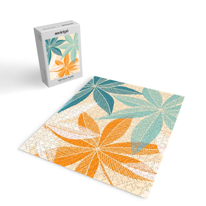 Orange and Teal Tropical Floral Print Jigsaw Puzzle Gallery Image 2