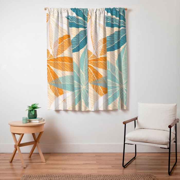 Orange and Teal Tropical Floral Print Window Curtain Gallery Image 3