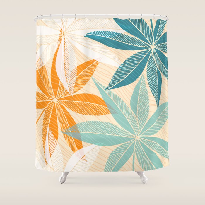 Orange and Teal Tropical Floral Print Shower Curtain Gallery Image 1