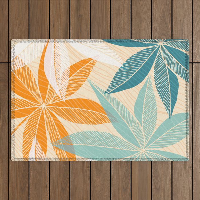 Orange and Teal Tropical Floral Print Outdoor Rug Gallery Image 1